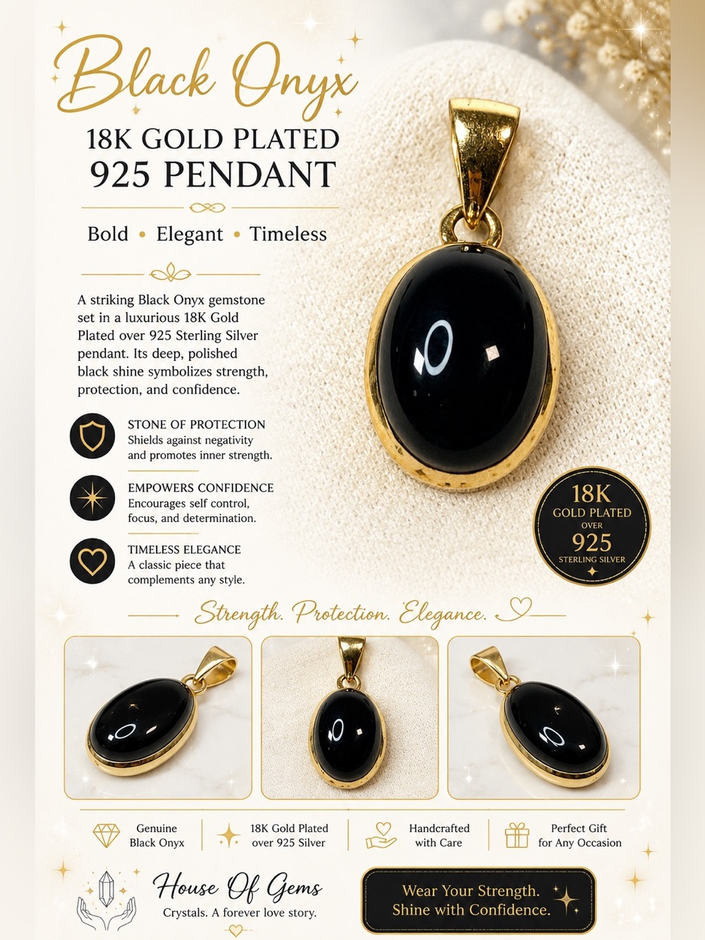 Black Onyx 18K Gold Plated 925 Pendant – Elegant Black Gemstone Necklace